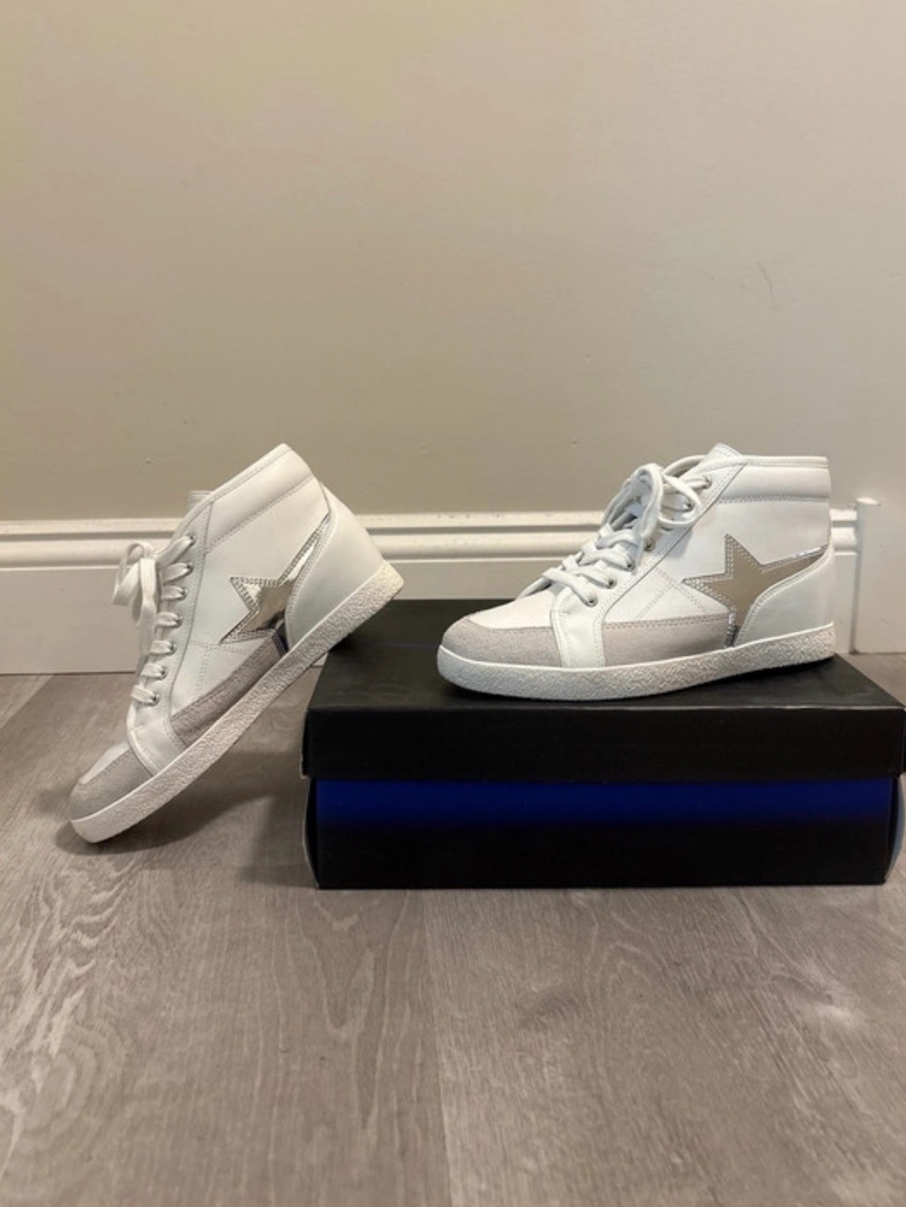 Women’s White High-Top Sneakers with Silver Star Accent
